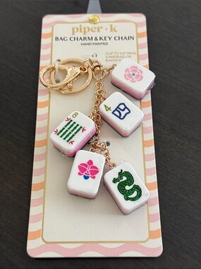Piper K Pink “Mahjong Tile” Theme Bag Charm with Gold Hardware